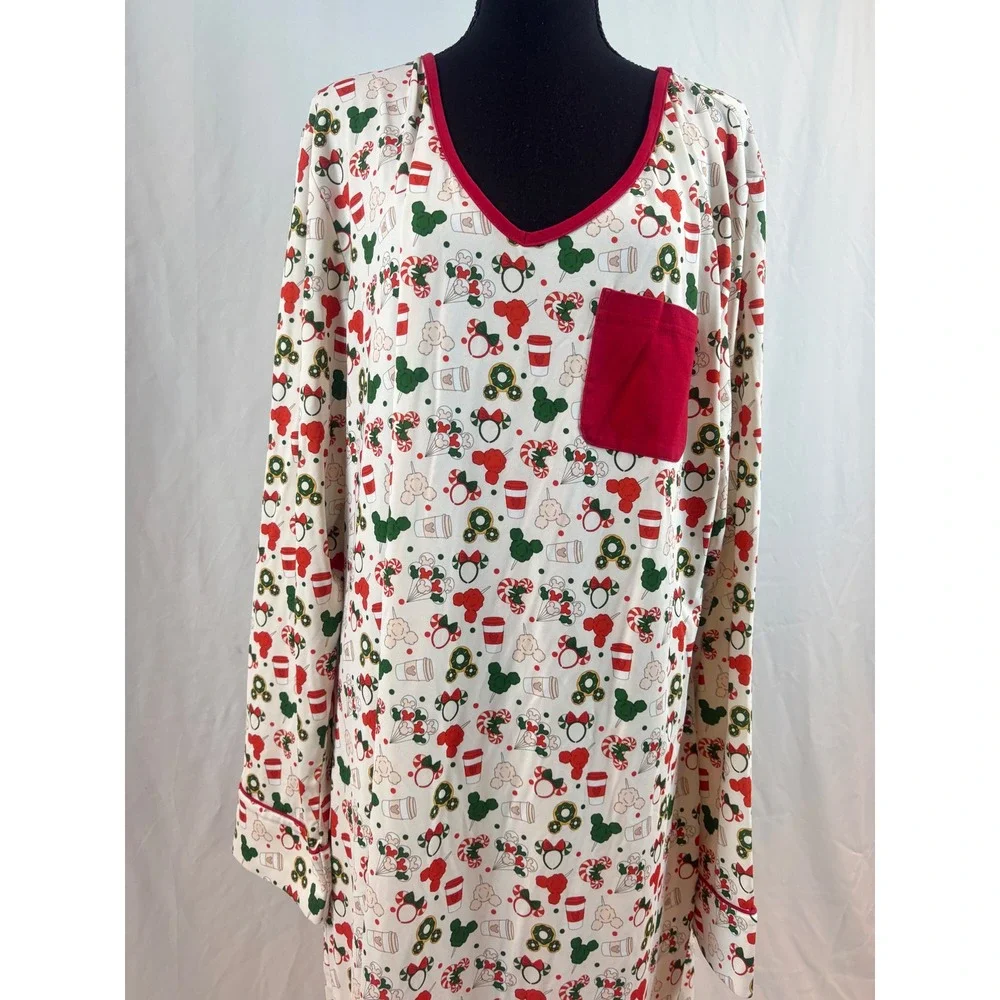 Mickey Minnie Mouse Holiday‎ Christmas Nightgown Long Sleeve White Red 2XL